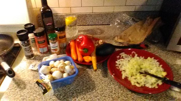olive oil, sea salt, ground pepper, paprika, cumin, turmeric, onion, bell pepper, habanero and jalapeno peppers